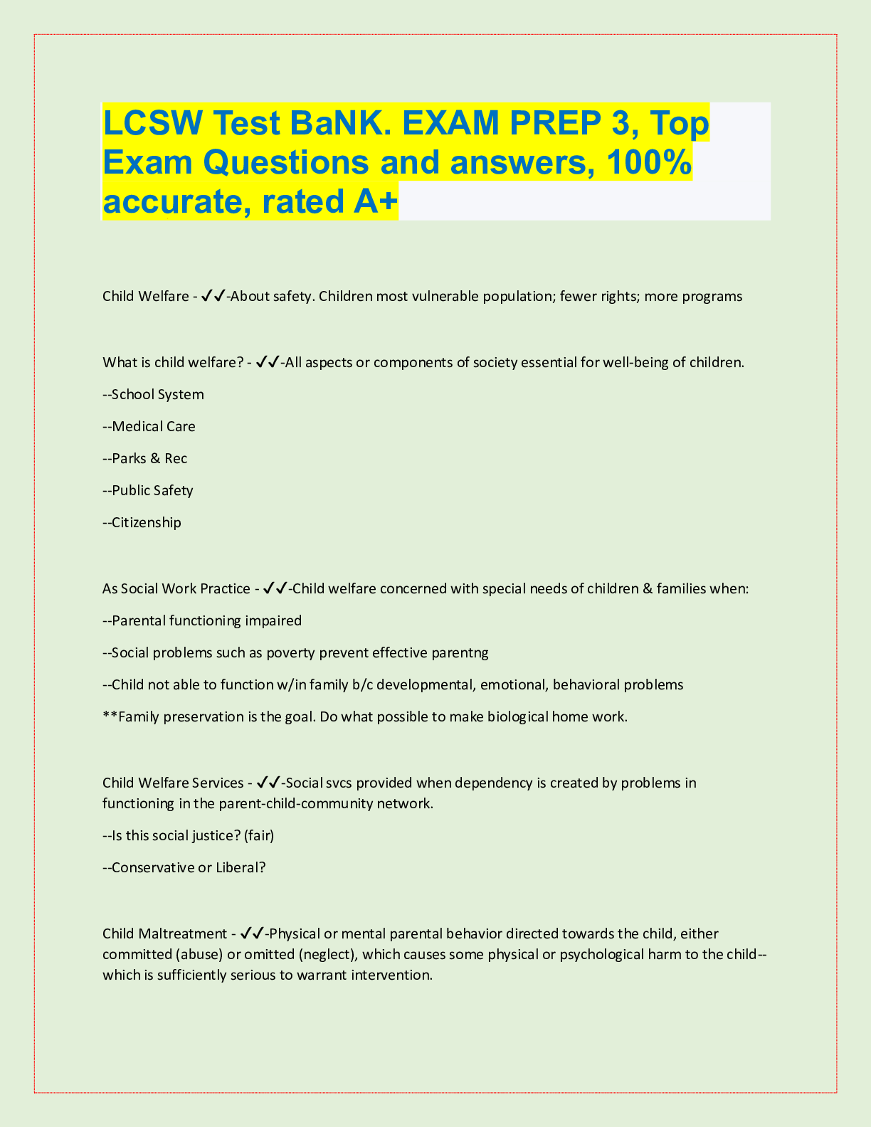 Preview image for LCSW Test BaNK. EXAM PREP 3, Top  Exam Questions and answers, 100%  accurate, rated A+